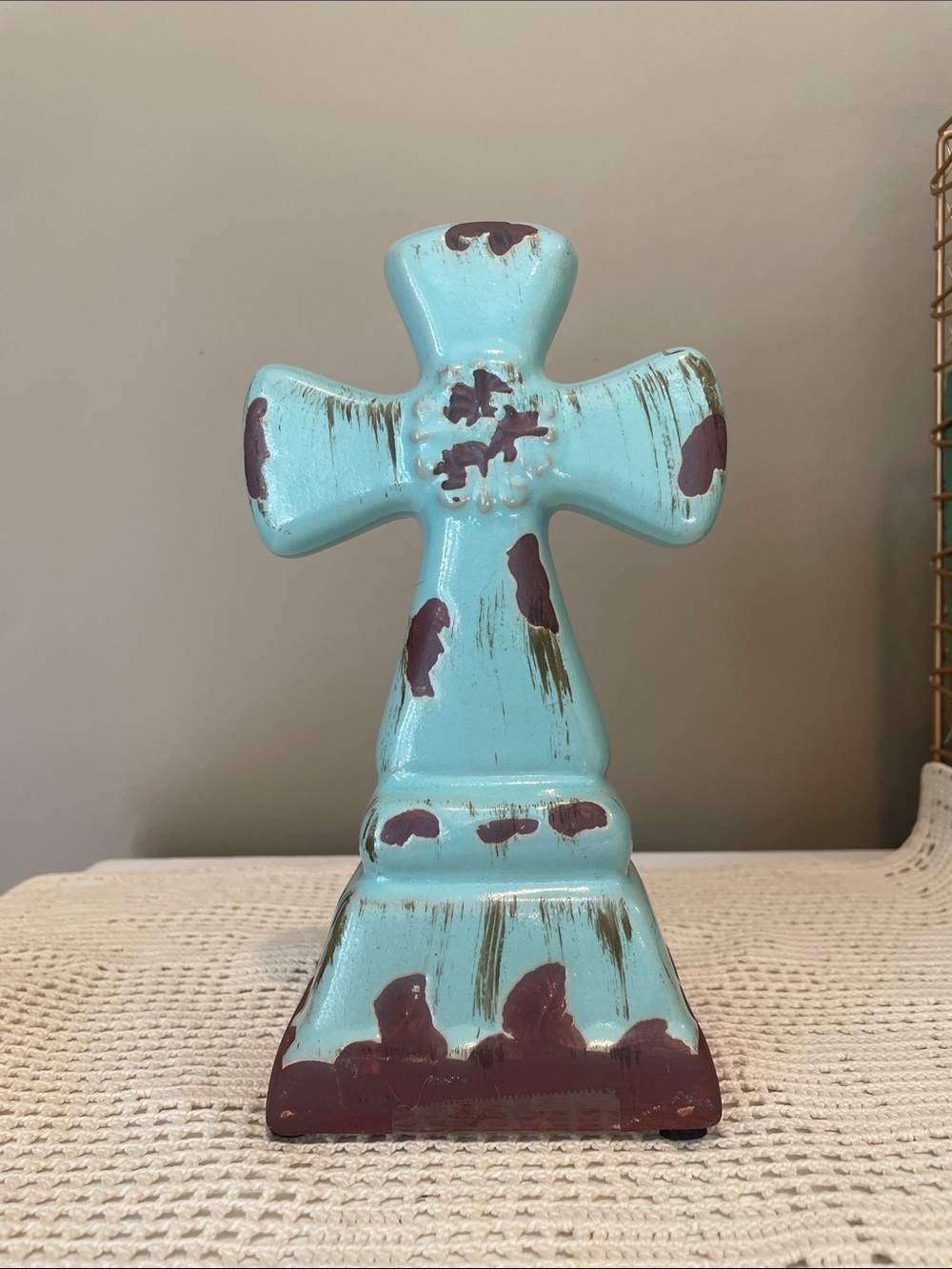 Country blue rustic Distressed Ceramic Cross Home Accent